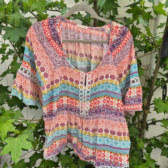 Latitude 10 Tops - Latitude 10 Womens Boho Paisley Peasant Top Bell Sleeve Crochet Trim - Sz 2X